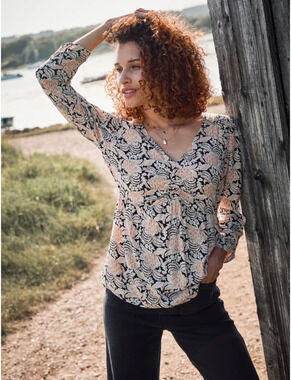 FatFace Womens 8 Black Peach Kinsey Damask Floral 3/4 Sleeve Blouse